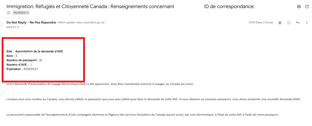 Confirmación aceptación eTA Canadá